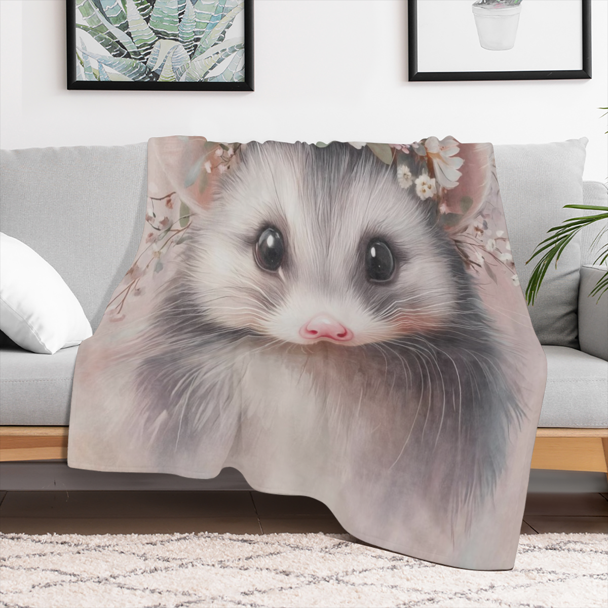 Cute Possum Blanket Adorable Sweet Opossum Flower Crown Fleece Throw, Gifts for Kids Adult, Soft And Warm, Lightweight, for Modern Decor, Animal Lovers, and Room Home Accents