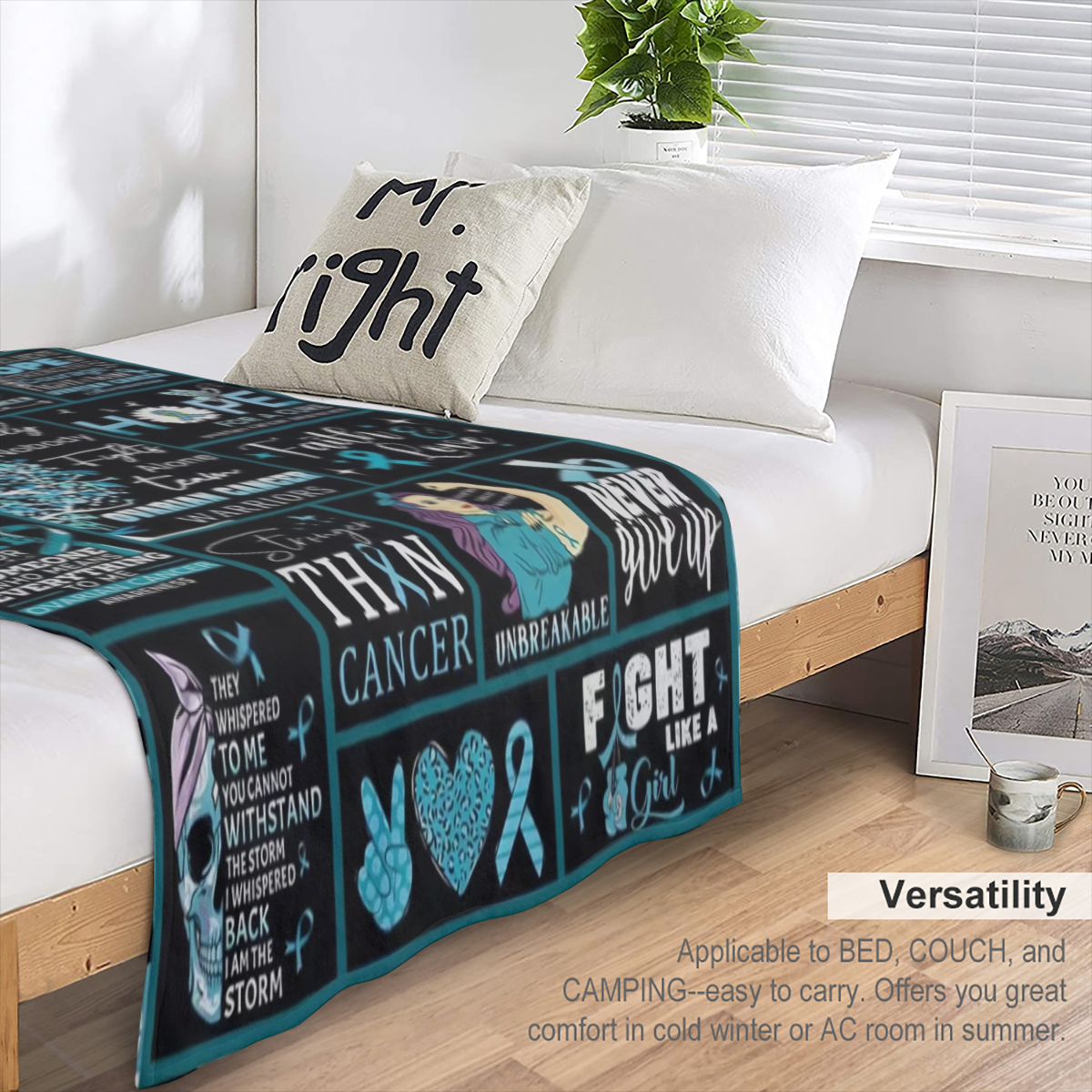 1pc Cancer Warrior Fights Cancer Blue Flannel Throw Blanket, Digitally Printed Lunch Blanket, Small Sofa Bedding for World Cancer Day Decor Gift