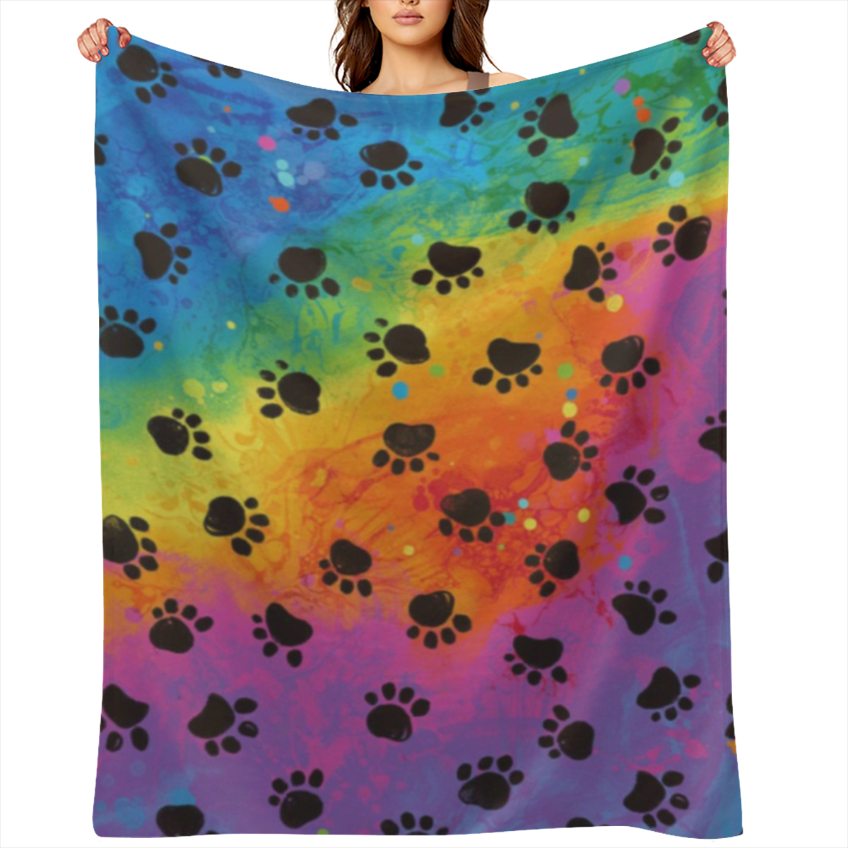 Black Paw Print Rainbow Lightweight Flannel Blanket, Soft Warm Throw Blanket for Couch, Bed, Sofa
