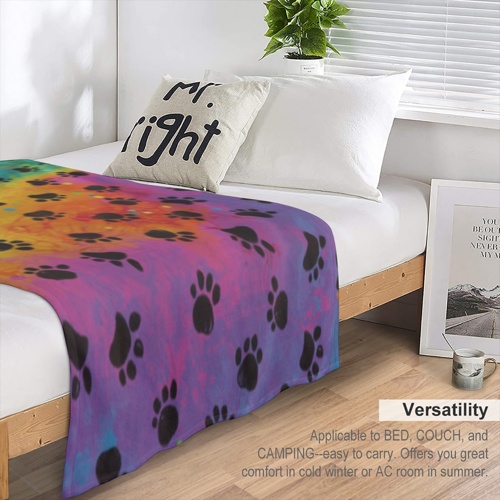 Black Paw Print Rainbow Lightweight Flannel Blanket, Soft Warm Throw Blanket for Couch, Bed, Sofa