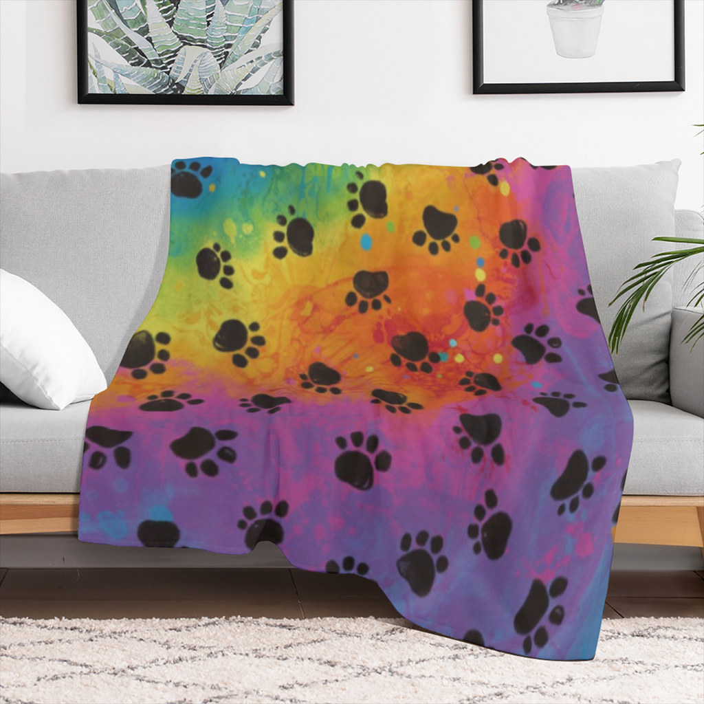 Black Paw Print Rainbow Lightweight Flannel Blanket, Soft Warm Throw Blanket for Couch, Bed, Sofa