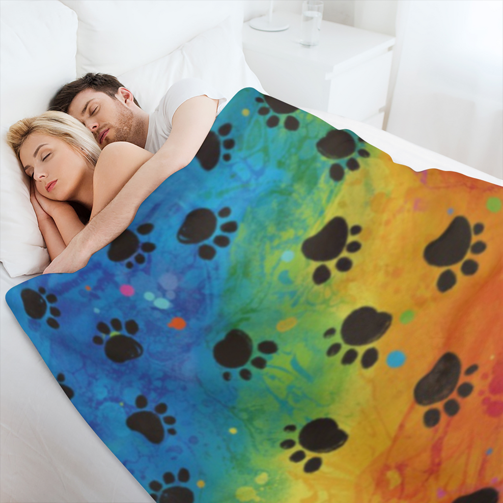 Black Paw Print Rainbow Lightweight Flannel Blanket, Soft Warm Throw Blanket for Couch, Bed, Sofa