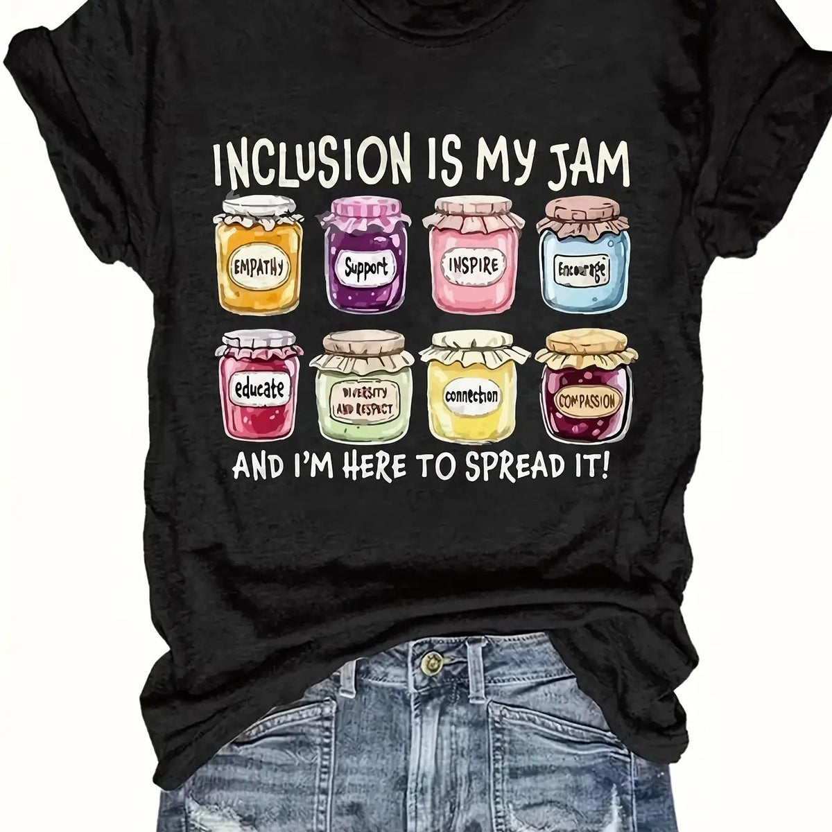 Women'S Autism Awareness T-Shirt - Inclusion Is My Program & Sensory Jar Design with Color-Coded ASD Chart (Pepperoni/Cheese) - 220gsm Heavyweight Casual Crew Neck Short Sleeve Top for Asperger'S Syndrome Advocacy, Sensory Processing Disorder Suppor