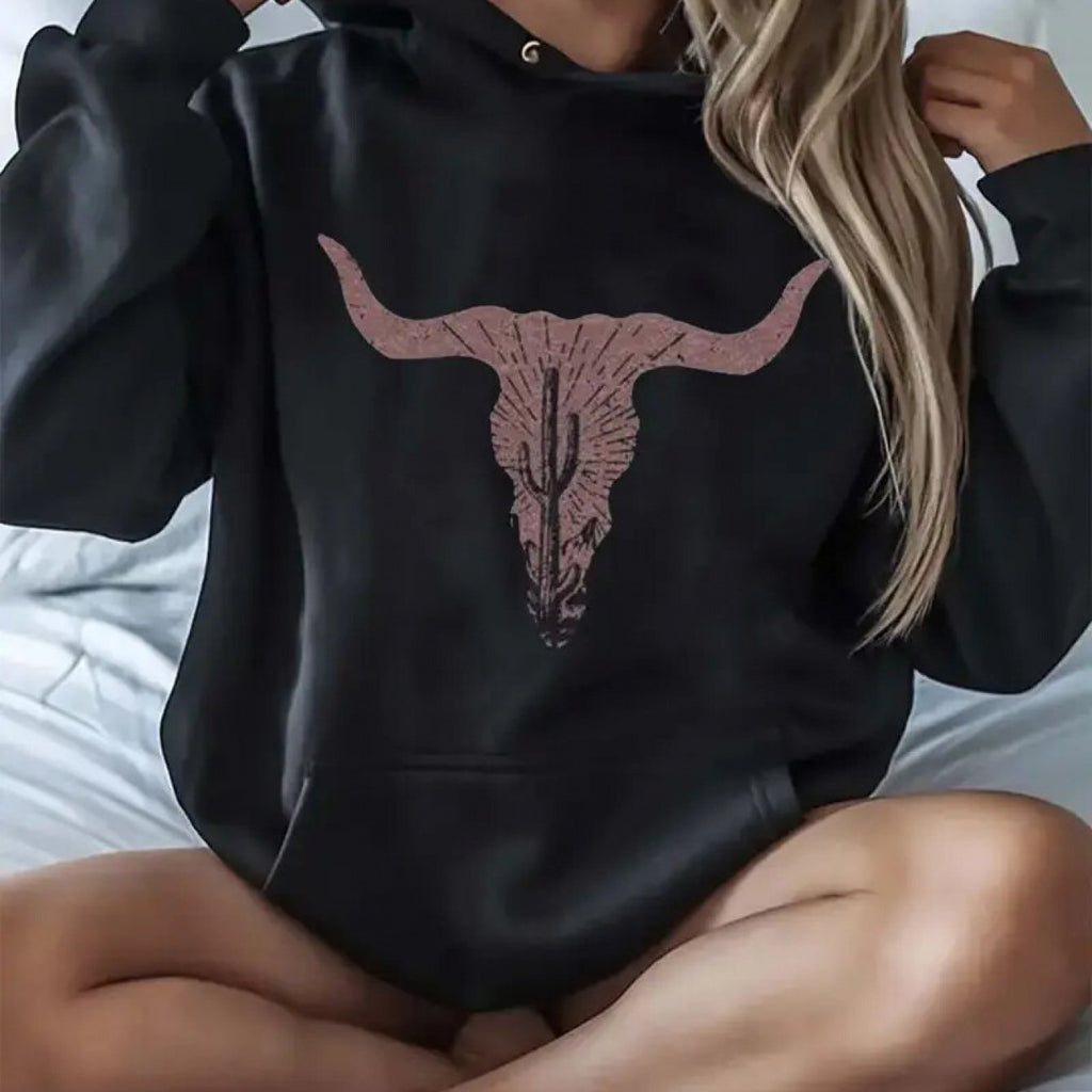Men Women Black Bull Skull Pattern Hoodie