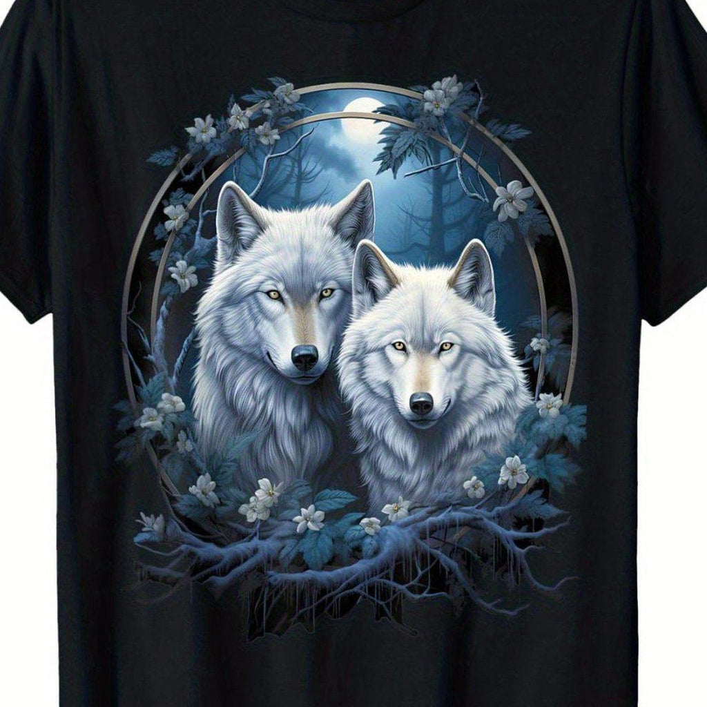 Outdoor Men'S Crew Neck T-Shirt, Comfortable And Breathable, Wolves in The Forest at Night And Moon Fantasy Art Wildlife T-Shirt, Everything Goes Well