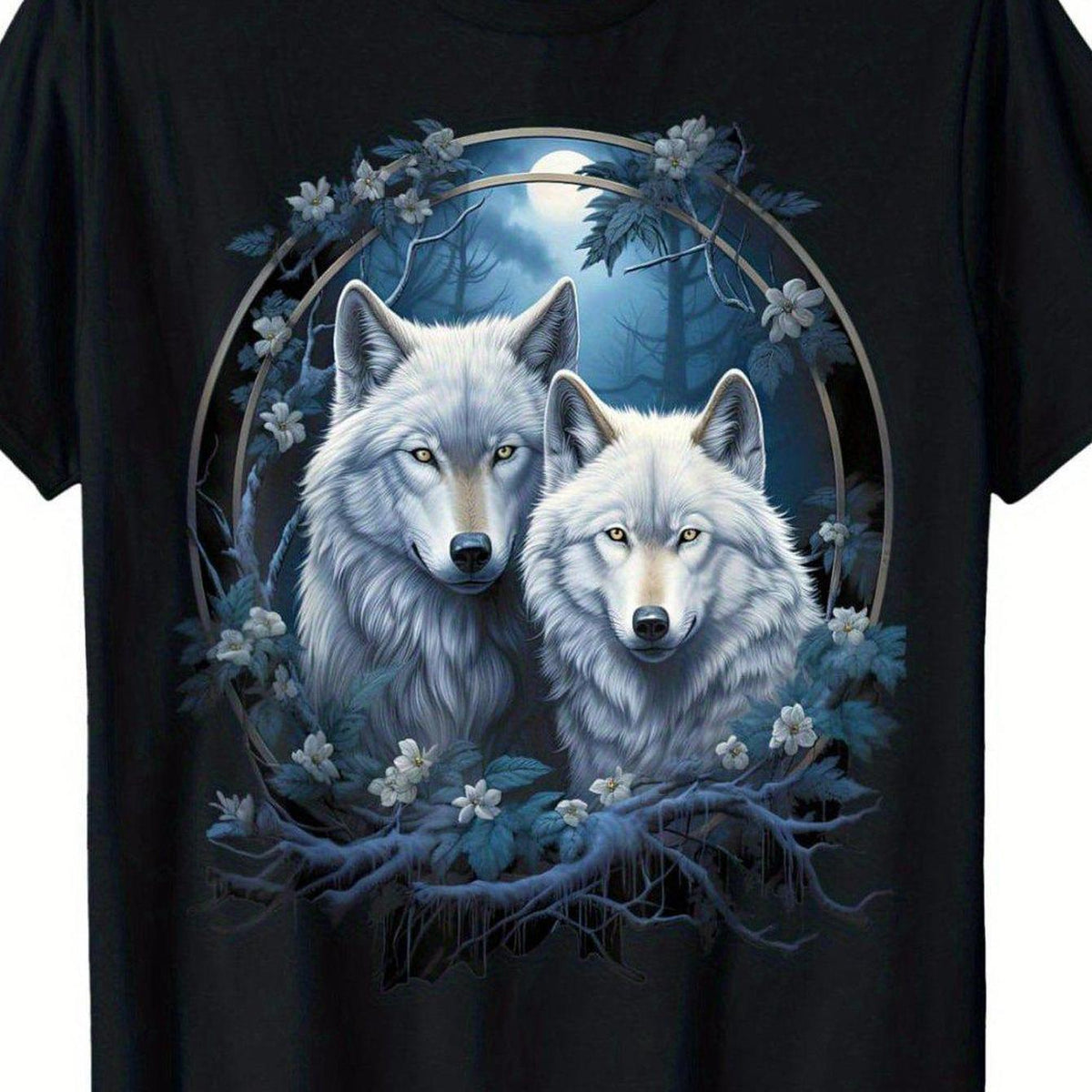 Outdoor Men'S Crew Neck T-Shirt, Comfortable And Breathable, Wolves in The Forest at Night And Moon Fantasy Art Wildlife T-Shirt, Everything Goes Well