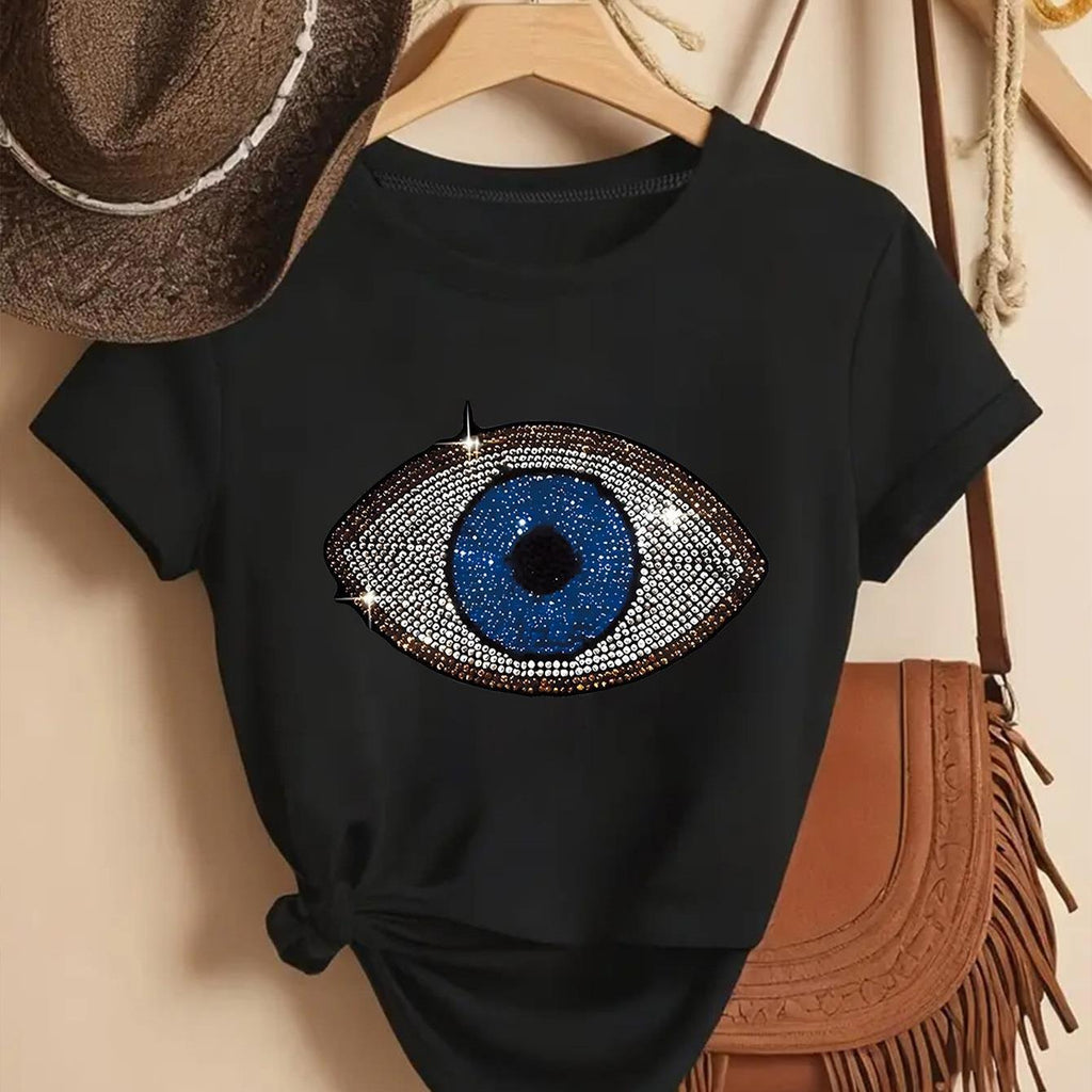 1 Camiseta Azul Brillante con Estampado de Ojos para Mujer y Diseño de Iris con Lentejuelas de