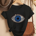 1 Camiseta Azul Brillante con Estampado de Ojos para Mujer y Diseño de Iris con Lentejuelas de