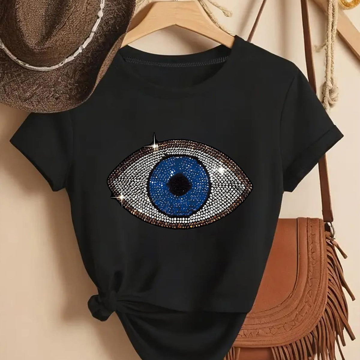 1 Camiseta Azul Brillante con Estampado de Ojos para Mujer y Diseño de Iris con Lentejuelas de