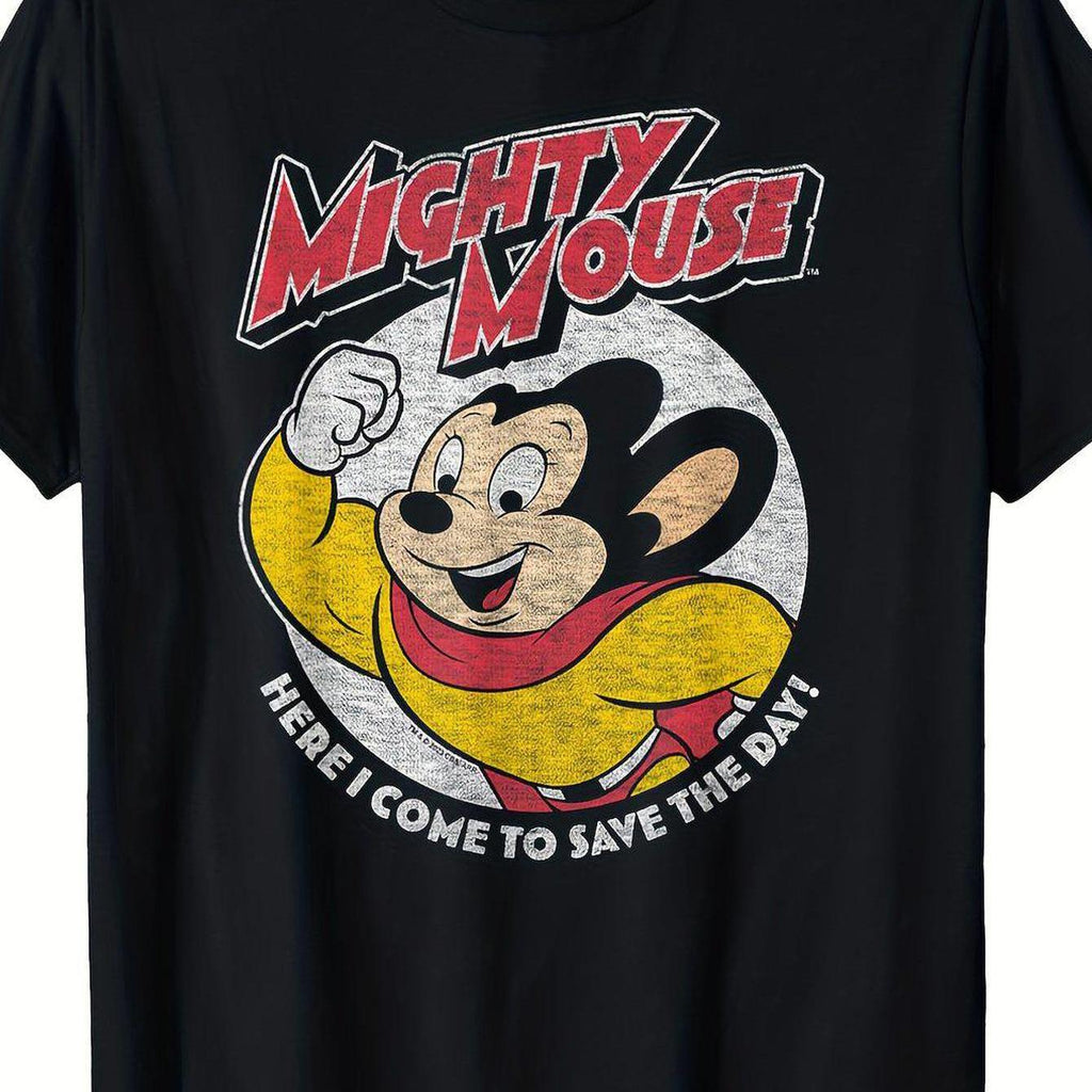 Men's Mighty Mouse Save The Day T-Shirt 100 Cotton, Black with Yellow & Red Print