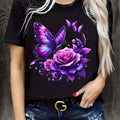 Camiseta de verano para mujer con cuello redondo, diseño clásico y minimalista, elegante y versátil, con estampados florales de mariposas moradas.