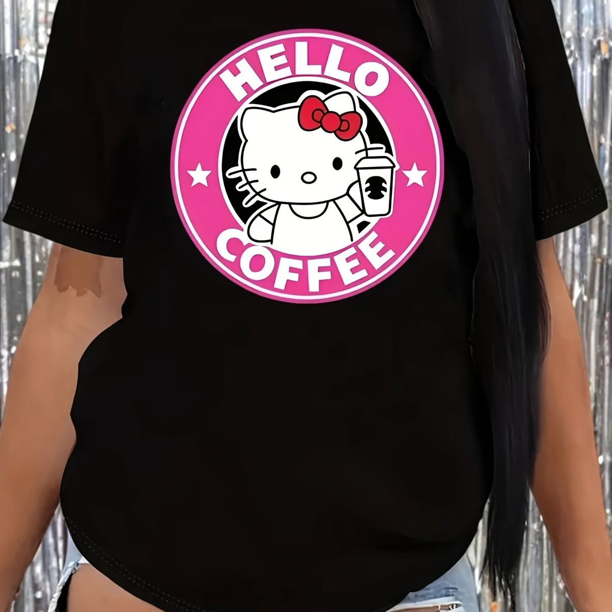 Sanrio for hello kitty & for Kuromi Melody Women'S T-Shirt - Soft Short Sleeve Round Neck Casual Tee with Coffee Cup & for Hello Kitty Graphic, Pink Bow Design, Cute Anime Character Apparel for Casual Attire, Themed Events & Kawaii Fashion
