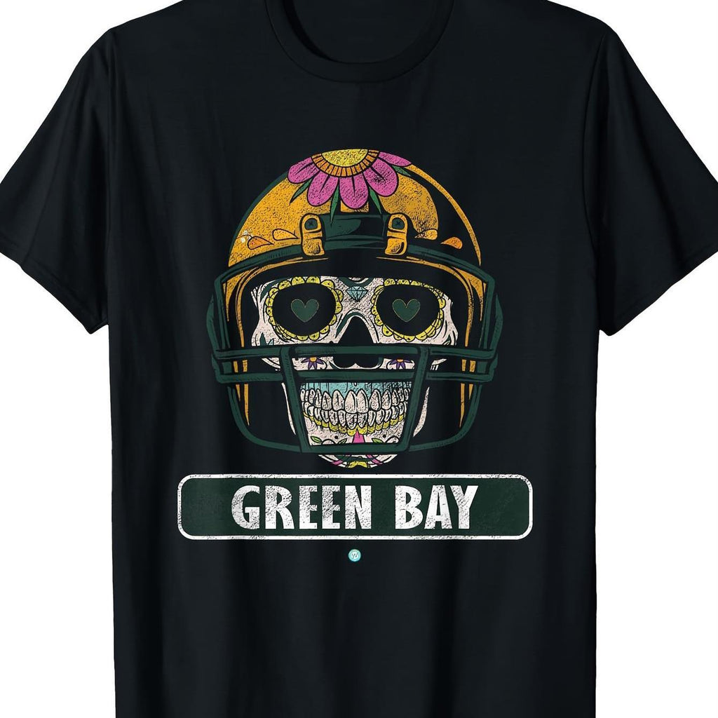 Green Bay football Helmet Sugar Skull Gift T-shirt, mens T-shirt, 180g