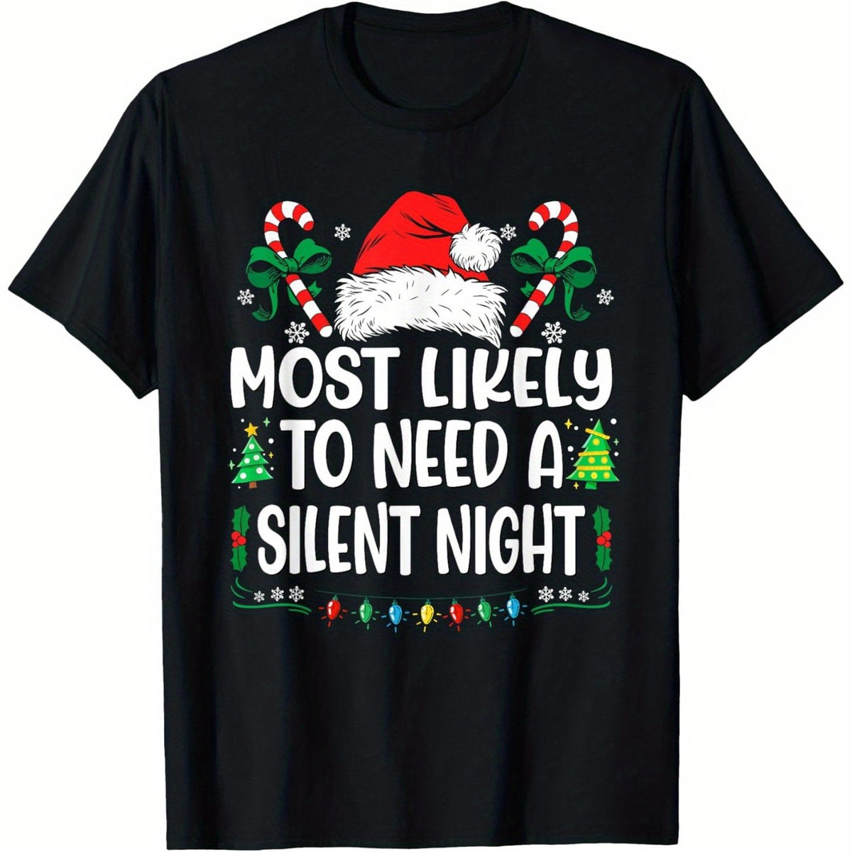 Funny Christmas Couples T-Shirt - "Most Likely to Need a Silent Night" Holiday Slogan & Snowflake Design, 100% Unisex Short Sleeve Round Neck Top for Men & Women, Matching Christmas Party Outfits & Gifts, Casual Festive Apparel with Holly & Candy Ca