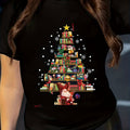 Men's & Women's Black Christmas Tree Elk Print T-Shirt with Santa Hat Reindeer, Snowman & Gift Box Design - 100% Short Sleeve Round Neck Casual Top for Holiday Parties, Xmas Outfits, Loose Fit Festive Wear