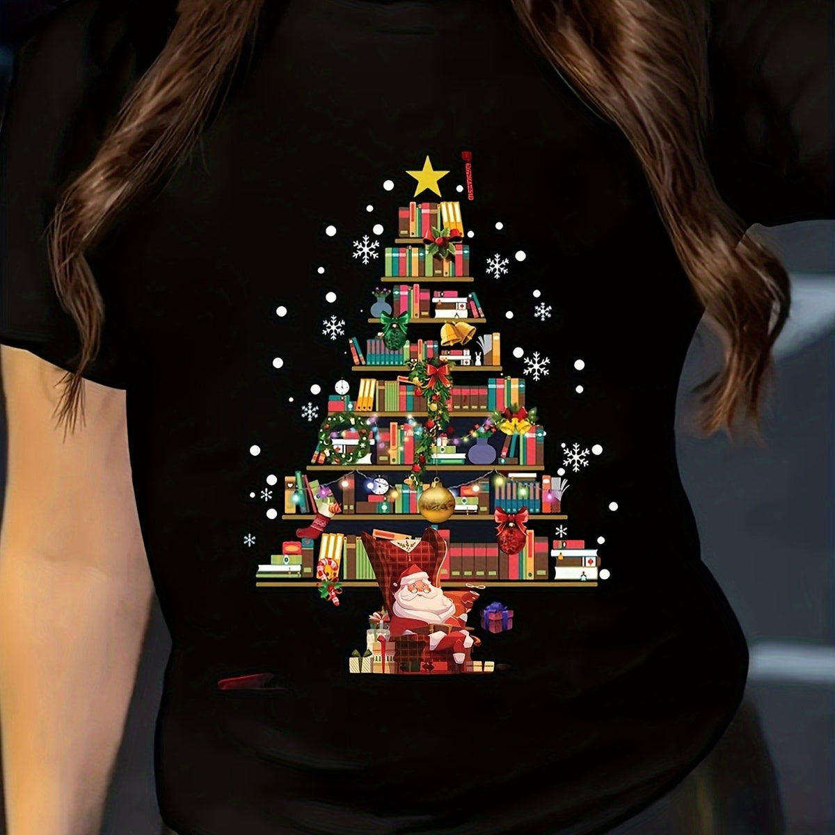 Men's & Women's Black Christmas Tree Elk Print T-Shirt with Santa Hat Reindeer, Snowman & Gift Box Design - 100% Short Sleeve Round Neck Casual Top for Holiday Parties, Xmas Outfits, Loose Fit Festive Wear
