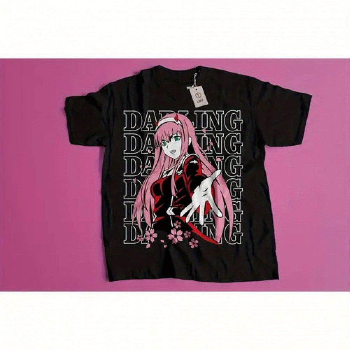Waifu Material Anime T-Shirt Darling Anime Black Tee with Pink Hair & Red Eyes Design - Cotton, 230g