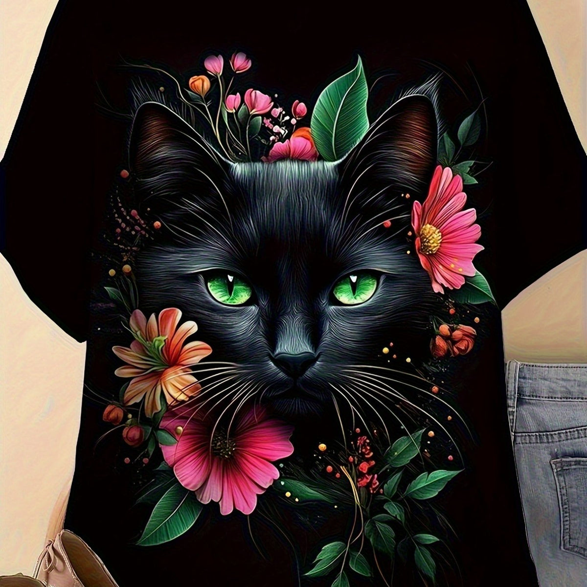 Women's Black Crew Neck T-Shirt - Floral & Black Cat Graphic Tee, Lightweight Summer Top for Everyday & Formal Outfits - Machine Washable Women's Clothing