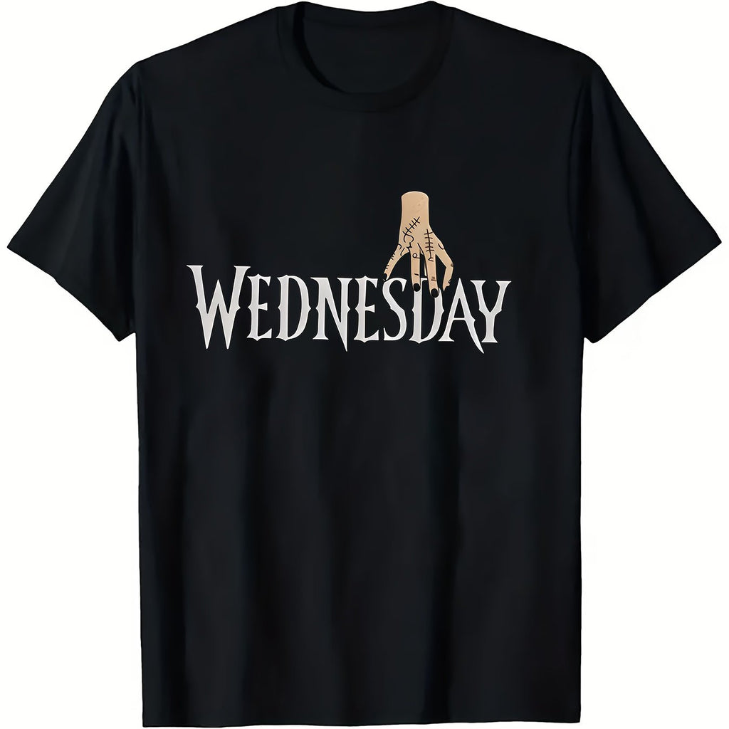 Men's Wednesday T-Shirt Halloween Themed with White Lettering & Wednesday Addams Inspired Hand Print