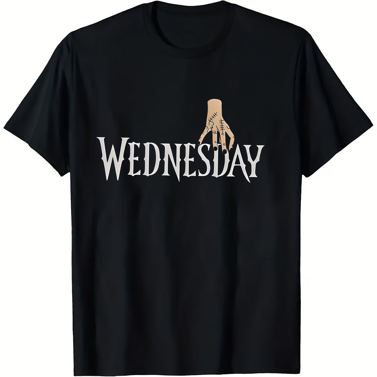 Men's Wednesday T-Shirt Halloween Themed with White Lettering & Wednesday Addams Inspired Hand Print
