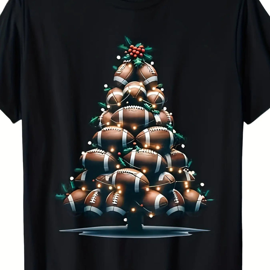 's Football Christmas Tree T-Shirt Black with White & Brown