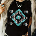 Plus Size, 's Plus Size Turquoise Blue & Black Southwestern Turquoise Diamond Print T-Shirt - Plus-Friendly Casual Short Sleeve Round Neck Top, Machine Washable Southwest Geometric Pattern Blouse for Spring Summer Fall ( Inspired