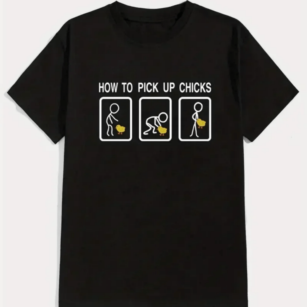 "How to Pick Up Chicks" T-Shirt for Men Black Tee with Cartoon Chicken Design