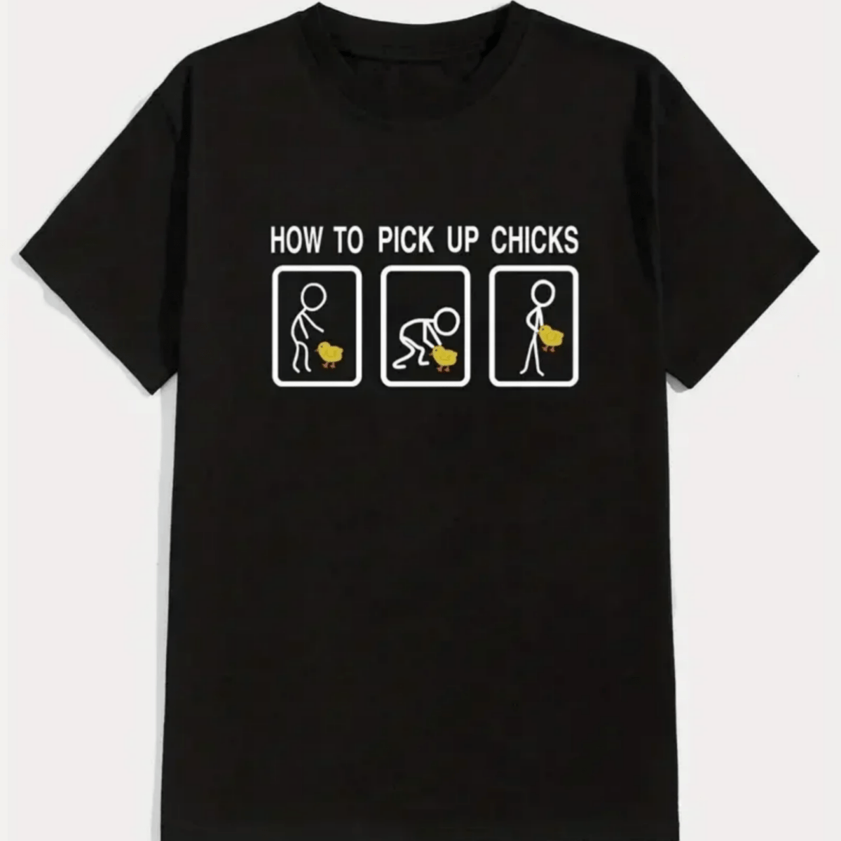 "How to Pick Up Chicks" T-Shirt for Men Black Tee with Cartoon Chicken Design
