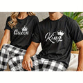 1 Ensemble Pyjama Roi et Reine T-Shirts en Coton Noir Assortis avec Logo Couronne et Écriture