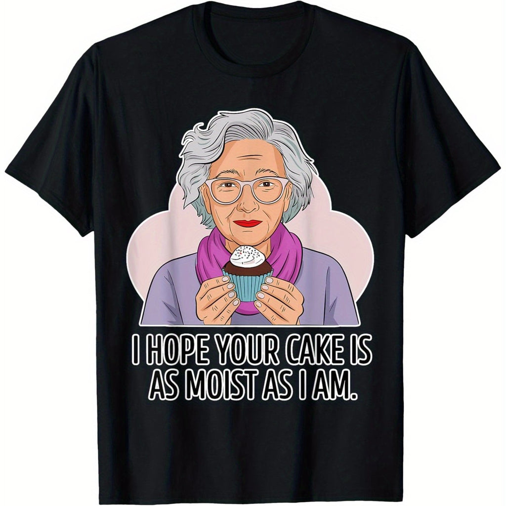 Funny Dirty Humor "I Hope Your Cake Is As Moist As I Am" Graphic T-Shirt for Men & Women - 100% Cotton Soft Anti-Shrink Tee, S-3XL Sizes, Black Casual Shirt with Cupcake Design, Gift for Dad Mom Friends, Travel Clothing, Playful Print, Comfortable Fit