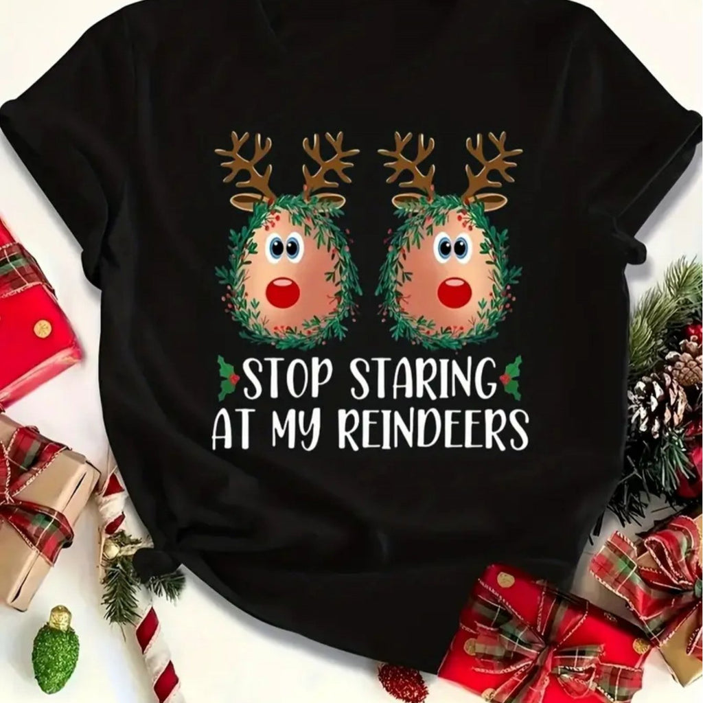 Women's "Don't Stare at My Reindeer" Ugly Christmas Sweater Party T-Shirt - Soft Short Sleeve Top with Antlers & Red Nose Nose, Loose Fit Casual Holiday Outfit, Machine Washable for Xmas Celebrations