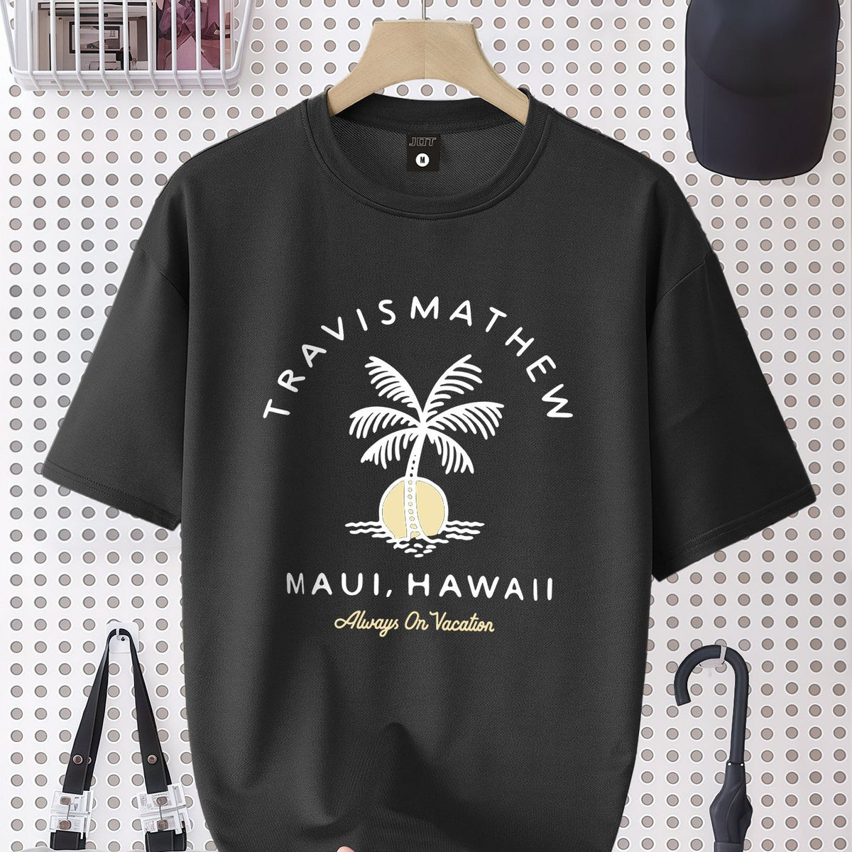 Maul Hawaii Men's Loose Fit Crew Neck T-Shirt - Black Casual Short Sleeve Tee with Tropical Palm Tree & "Mauī Hawai'i" Digital Print, Machine Washable, All-Season Comfort, Ideal Gift for Men