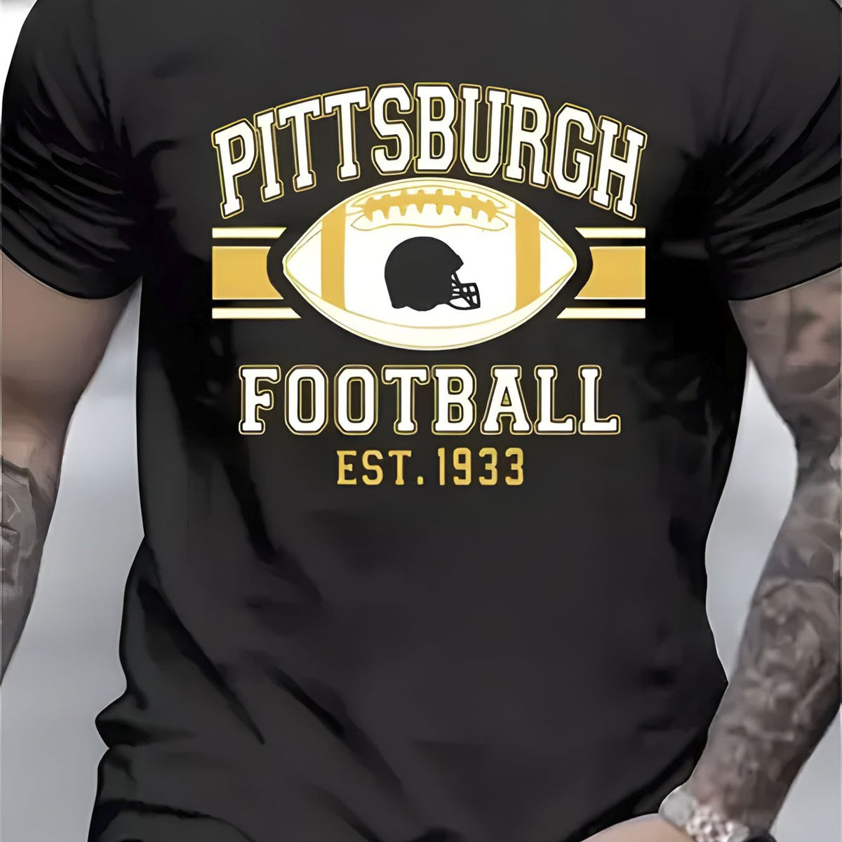 Official Pittsburgh Football Team Logo T-Shirt - Iconic 1933 'P' Letter & Helmet Design, Black Loose-Fit Casual Fan Apparel, Summer Short Sleeve Shirt with Vintage Emblem, PLUS SIZE