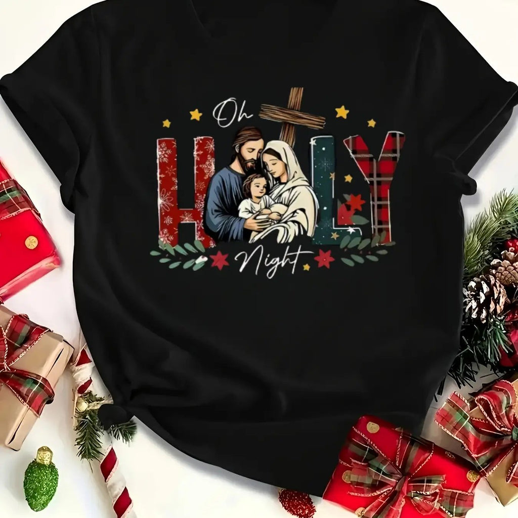 Women'S Christmas T-Shirt - JOY to THE WORLD Nativity Scene Graphic Tee with Mary, | Soft Stretchy Fabric, Casual Round Neck Short Sleeve | All-Season Comfort, 220gsm Heavyweight | Christian Holiday Apparel, Church Outfits
