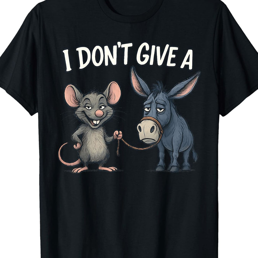 'I Don't Care' Slogan T-Shirt with Mouse and Donkey Design |, Black with White Slogan Print