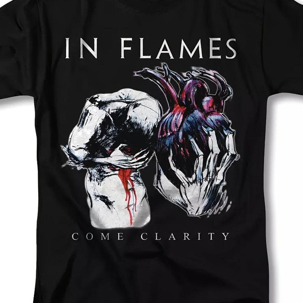 In Flames Come Clarity Graphic Cotton T-Shirt for Men - 100% Cotton Rock Concert Tee with White & Purple Artwork, Short Sleeve Crew Neck Streetwear, Machine Washable Band Merch, Music Fan Apparel, Vibrant Print Shirt, Durable Fabric