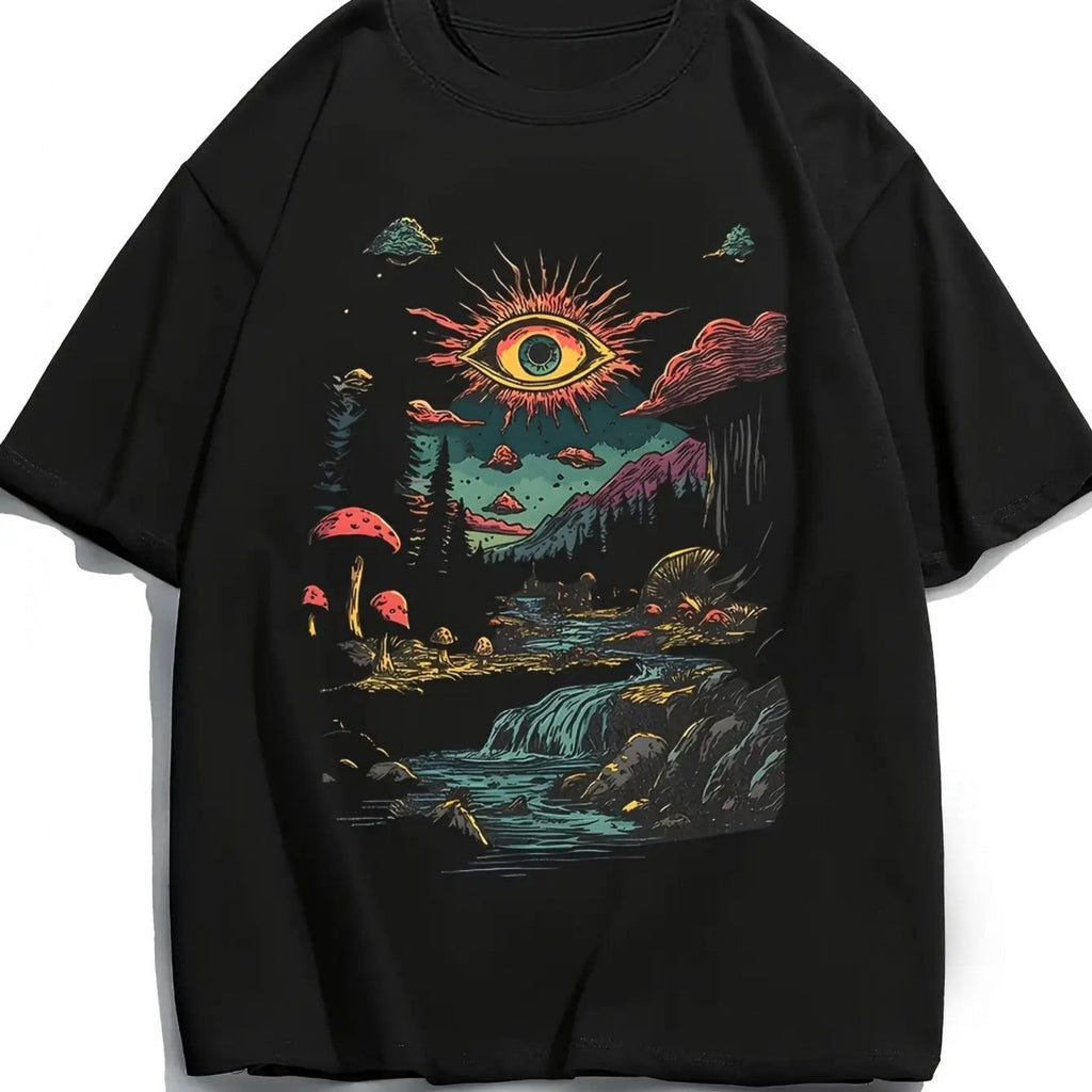 Men's 100% Cotton Celtic Knot & Eye Print T-Shirt - with Multicolor Fantasy Forest Design, Soft Breathable Loose Fit Longline Tee Suitable for Daily Wear, Festivals & Themed Events - Machine Washable Casual Streetwear Year-Round