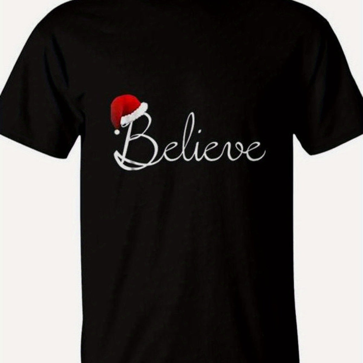 Men's Black Christmas Believe Santa T-Shirt 2025 Holiday Tee with Santa Hat & Believe Print
