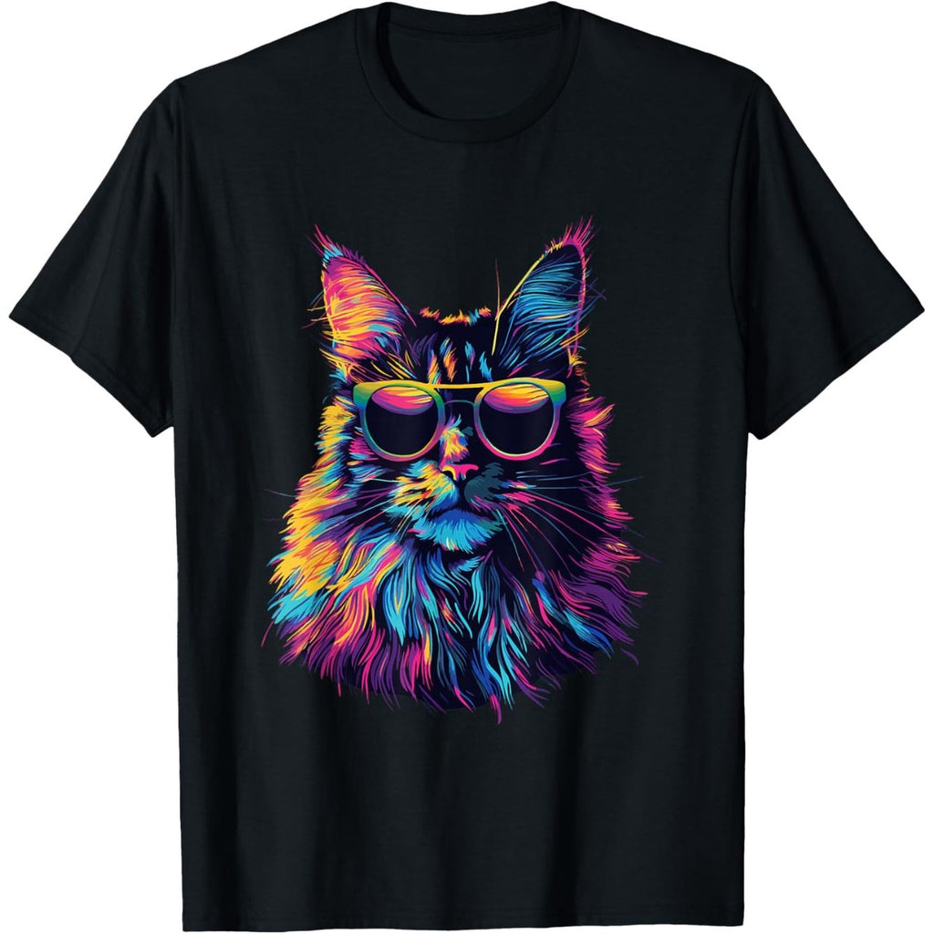 Maine Coon Cat Pop Art T-Shirt - 100% Cotton Black Retro 80s Neon Glow Style with Psychedelic Pink Blue Green Purple Cat & Fashion Glasses Design, Casual Short Sleeve Crew Neck Tee for Christmas Gifts (Sizes S-XXXL)