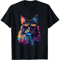 Maine Coon Cat Pop Art T-Shirt - 100% Cotton Black Retro 80s Neon Glow Style with Psychedelic Pink Blue Green Purple Cat & Fashion Glasses Design, Casual Short Sleeve Crew Neck Tee for Christmas Gifts (Sizes S-XXXL)