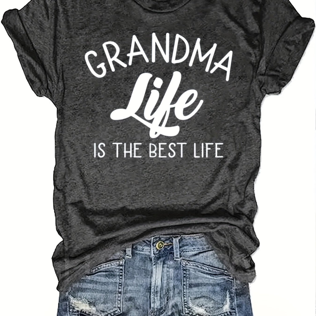 Plus Size, 's Plus Size Grandma Life T-Shirt - Oversized Dark Gray Short Sleeve Top with White "Grandma Life Is The Best Life" Slogan, Casual Gift for Grandma, Mother's Day, Christmas, Family Celebrations - Comfortable Grandma Apparel