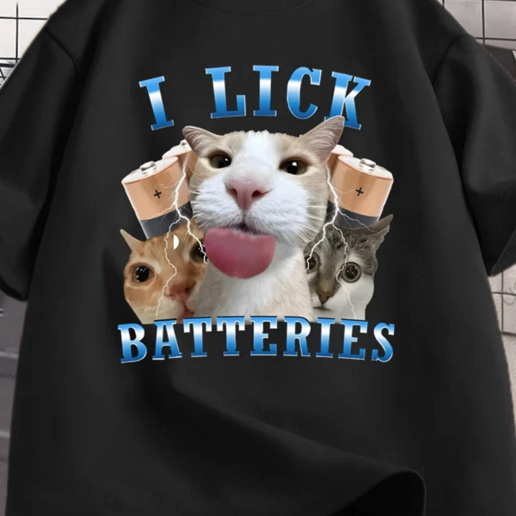T-Shirt Homme Drôle avec Graphique de Chat Léchant des Piles - Coton