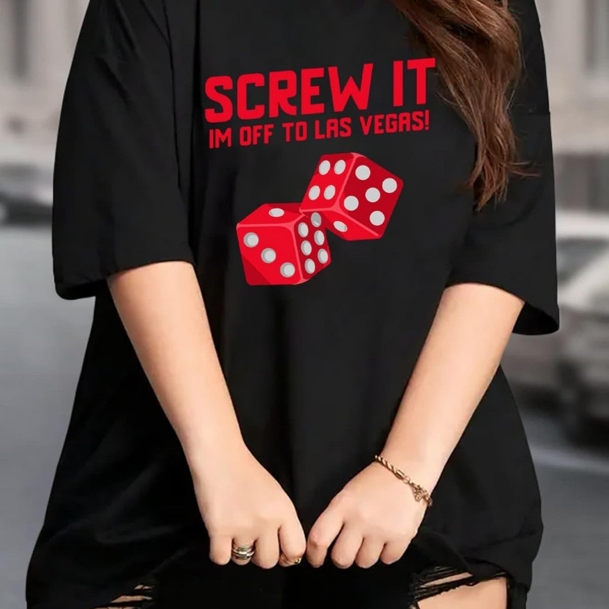 Women'S Round-Neck Summer Casual Top, Classic And Simple, Stylish And Versatile. The Women'S Clothing Features a 'Forget It, I'M Going to Las Vegas' Dice Design.