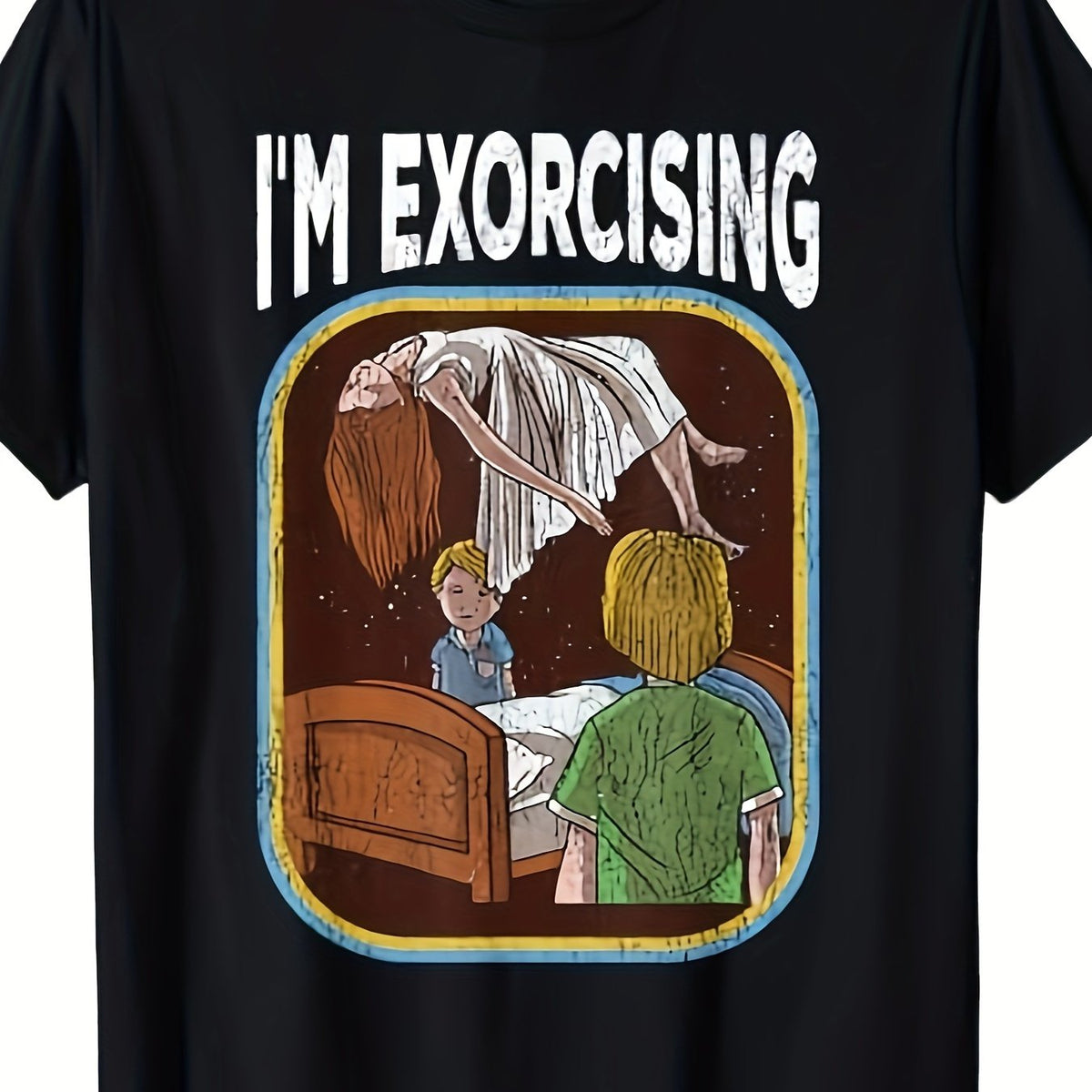 Vintage 'I Am Exorcising Demons' Horror Comic Art T-Shirt - Demonic entity design, Black Cotton Loose Fit Short Sleeve Shirt Suitable for Halloween Costumes & Casual Wear, Year-Round Comfortable Top, High-Quality Digital Print Exorcism Tee