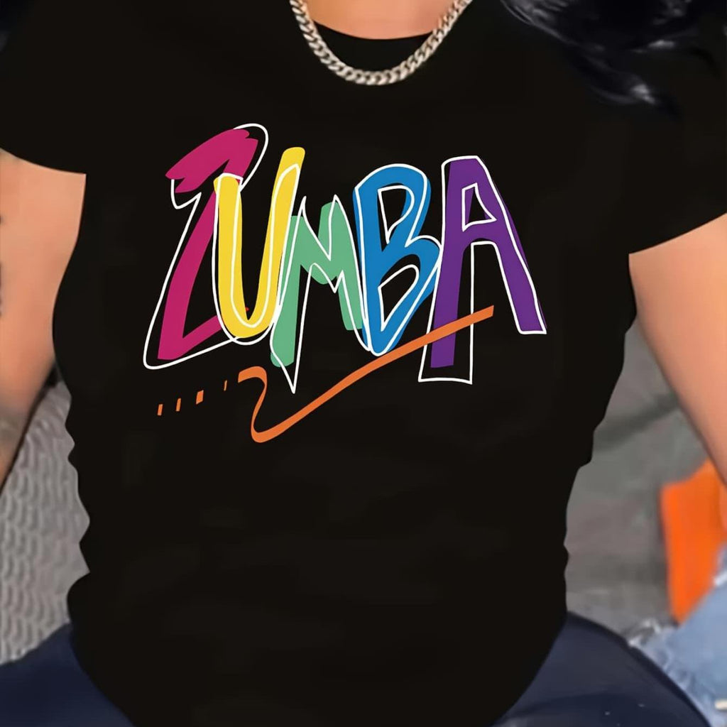 T-shirt imprimé Zumba pour femmes - Design géométrique vibrant, manches courtes, col rond, haut d'été décontracté pour le fitness et les tenues décontractées, vêtements de loisirs | Haut imprimé vibrant | Coupe confortable