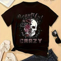 Women's Gothic Boho Round Neck T-Shirt - Short Sleeve Casual Top with Skull & Botanical print, Spring Summer Casual Attire, Machine Washable Regular Fit Blouse for all-Season Outfits