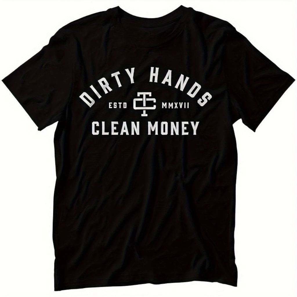 Men's Premium Cotton T-Shirt with Dirty Hands Clean Money Money Print - Casual Crew Neck Short Sleeve Shirt, 180 for all-Season & Professional/Daily Wear - Machine Washable Finance-Themed Apparel for s (Year-Round) 180