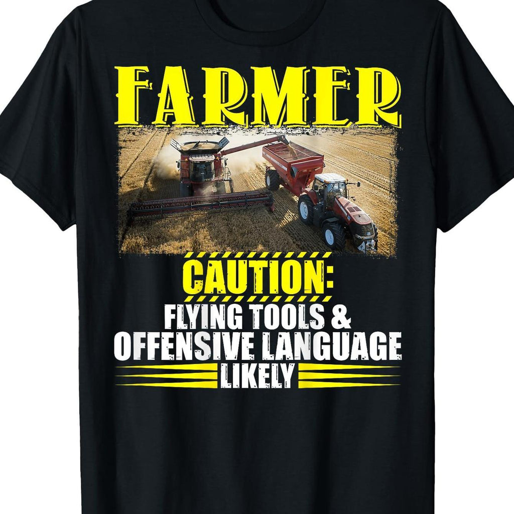Men's Funny Farmer Caution Flying Tools& Offensive Language Graphic T-Shirt- Humorous Farming Slogan with Tractor& Crops Design, Casual Round Neck Short Sleeve Tee for Farmers, Tractor Enthusi, All Season, Bestgift, Fashion, Casual, Street, Fashion