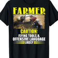 Men's Funny Farmer Caution Flying Tools& Offensive Language Graphic T-Shirt- Humorous Farming Slogan with Tractor& Crops Design, Casual Round Neck Short Sleeve Tee for Farmers, Tractor Enthusi, All Season, Bestgift, Fashion, Casual, Street, Fashion