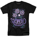 Men's Halloween Graphic T-Shirt - Slim Fit Bohemian Style Black Tee with Purple Pumpkin, Ghosts & Floral Design for Fall & Year-Round Wear, Halloween Clothes, Festive Casual Wear, Quality Fabric Shirt